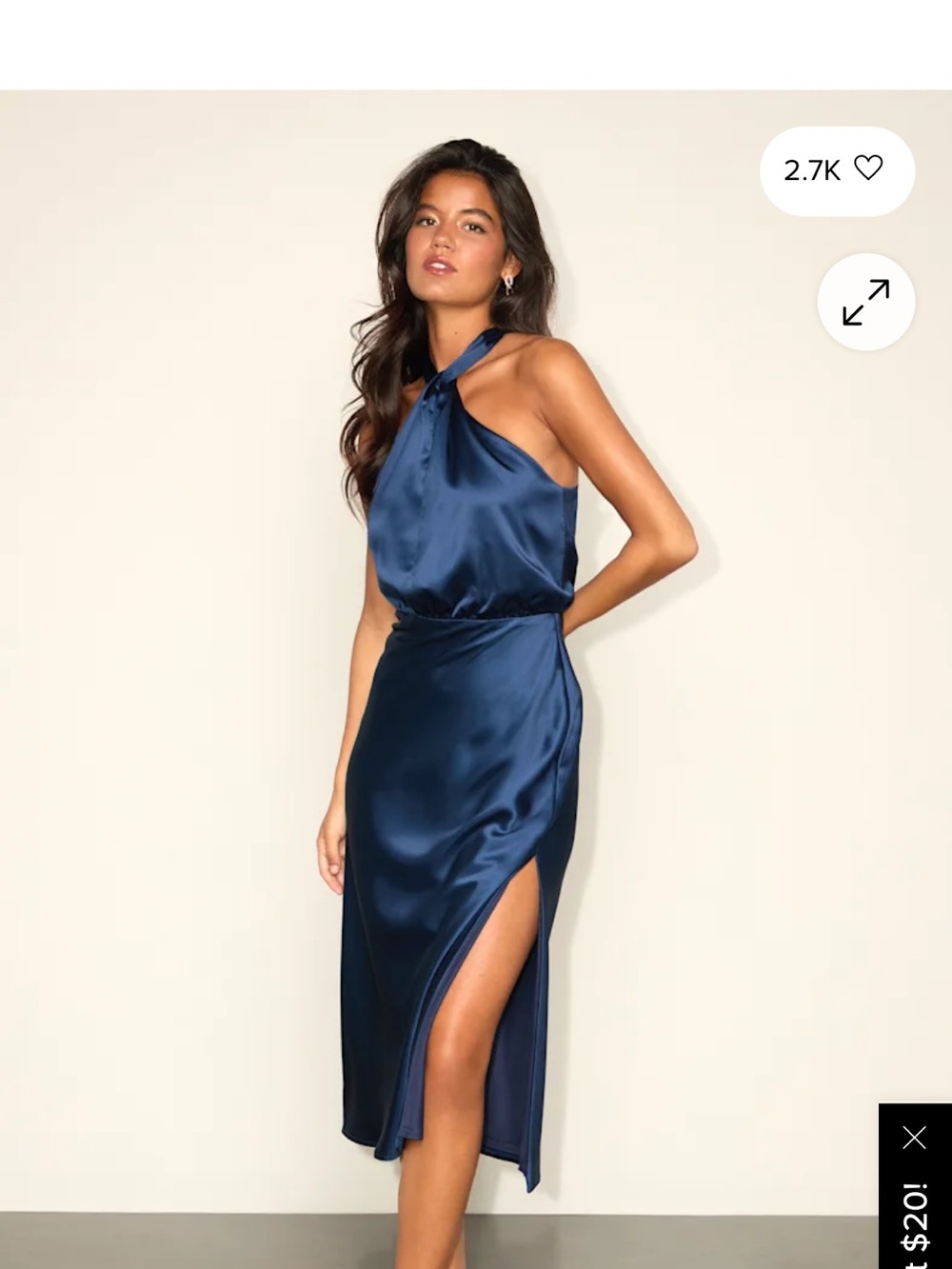 Lulu's Navy Satin One-Shoulder Midi Dress with Side Slit